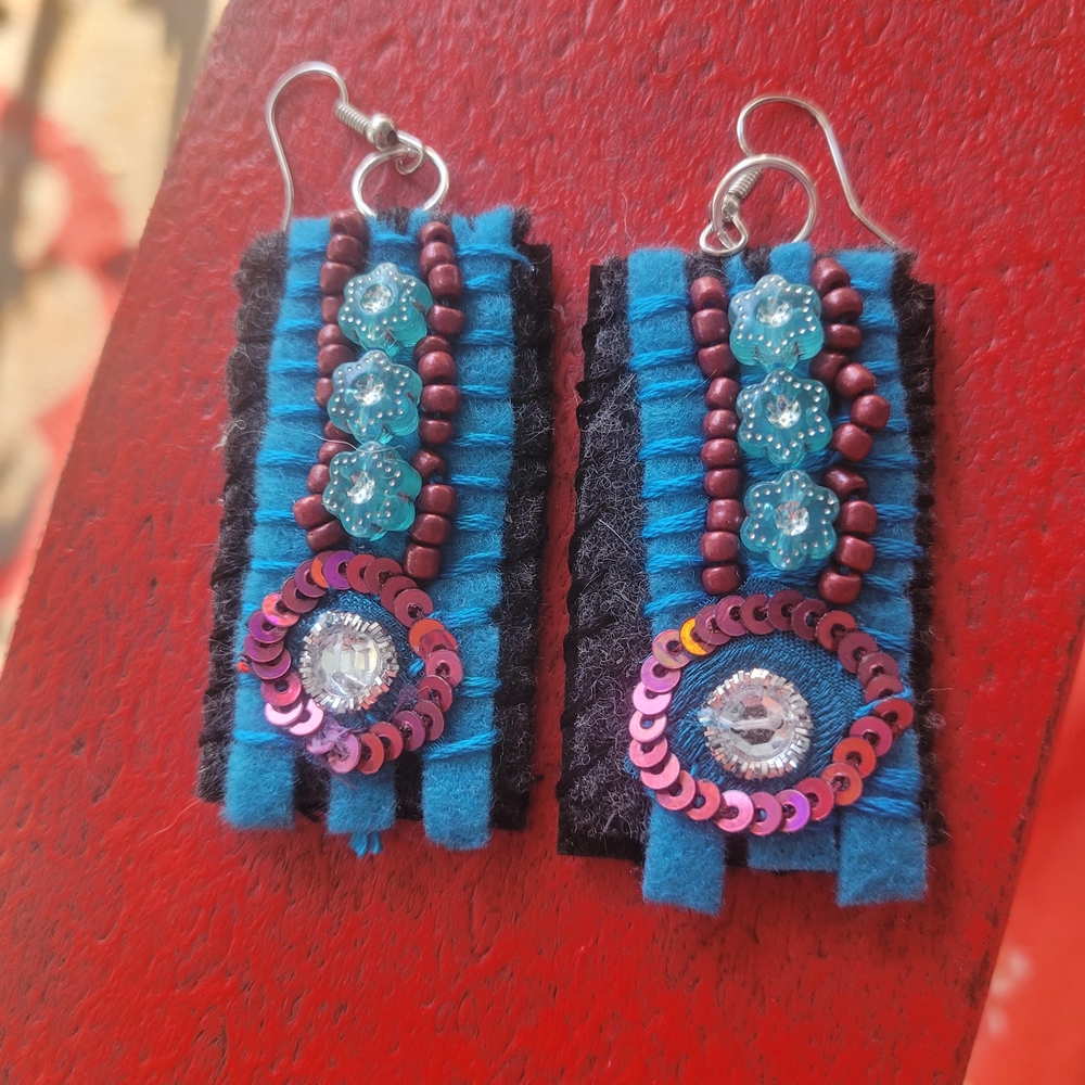 Vibrant Blue and Black Vintage Beaded Collage Artistic Earrings